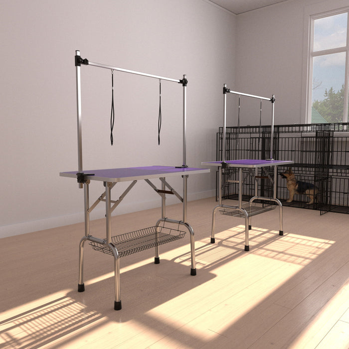 Folding Dog Pet Grooming Table Stainless Steel Frame Rubber Mat On Board With Adjustable Arm And Clamps Pet Dog Cat Grooming Table Daily Nest