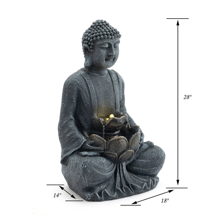 Zen - 2 Tier Meditating Buddha Water Fountain With Pump & LED Light - Gray Patioseek