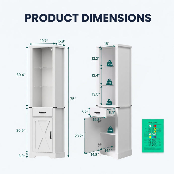 Pantry Cabinet With LED Lights And Barn Door With Tempered Glass Shelves - White Home Essentials