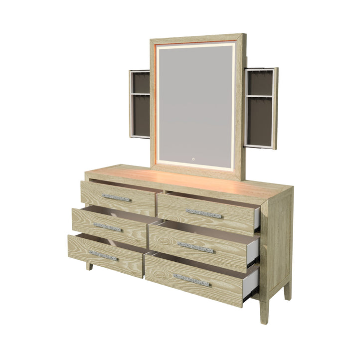 Adeline - 6 Drawers Dresser & Mirror With Jewelry Box & LED Light - Natural Wood Wash Home Essentials