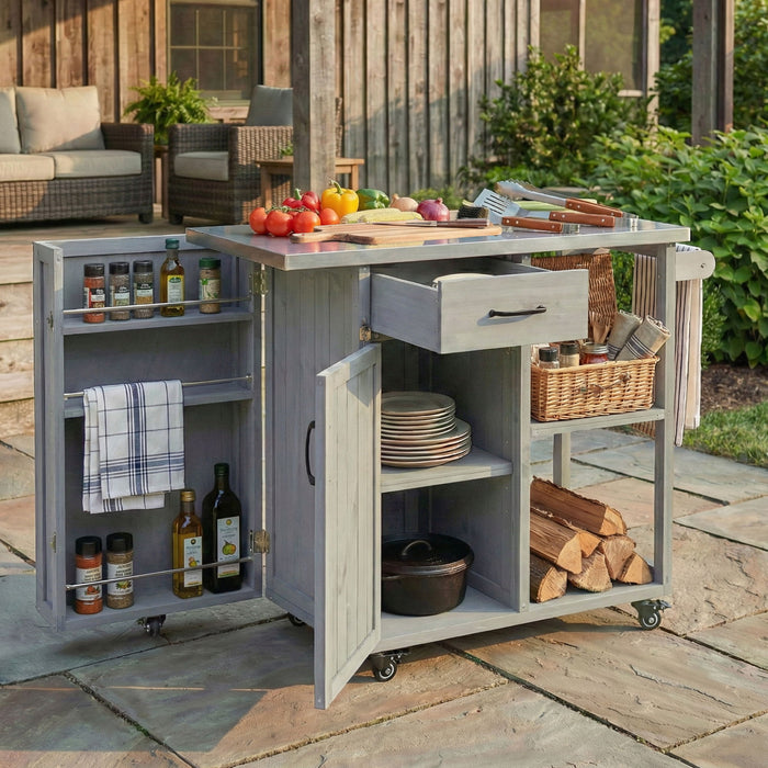 Outdoor Kitchen Island Prep Station With Lockable Wheels, Ample Storage, Towel & Spice Racks Hearth and Haven