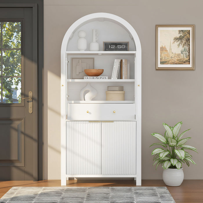 Fluted Tall Arched Pantry Cabinet With Adjustable Shelves, Glass Door & Hidden Drawer For Kitchen Home Essentials