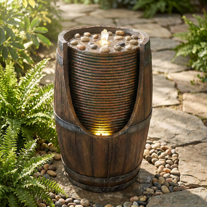 Rustic Barrel Water Fountain With LED Light Daily Nest