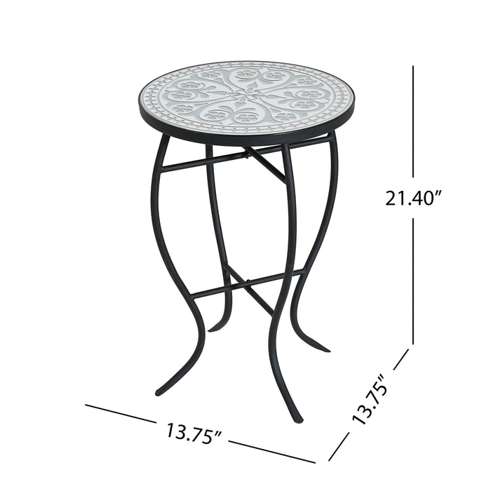 Outdoor Round Side Table With Mosaic Style Top And Curved Iron Legs Noble House
