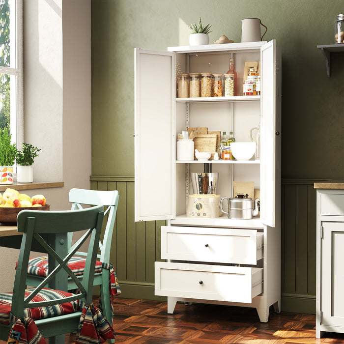 Pantry Cabinet With 2 Drawers, Adjustable Shelves, Freestanding Kitchen Storage Organizer - White Home Essentials