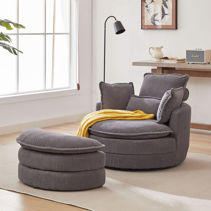 38" W Oversized Swivel Chair With Moon Storage Ottoman For Living Room, Modern Accent Round Loveseat Circle Swivel Barrel Chairs For Bedroom Cuddle Sofa Chair Lounger Armchair, 4 Pillows, Corduroy - Gray