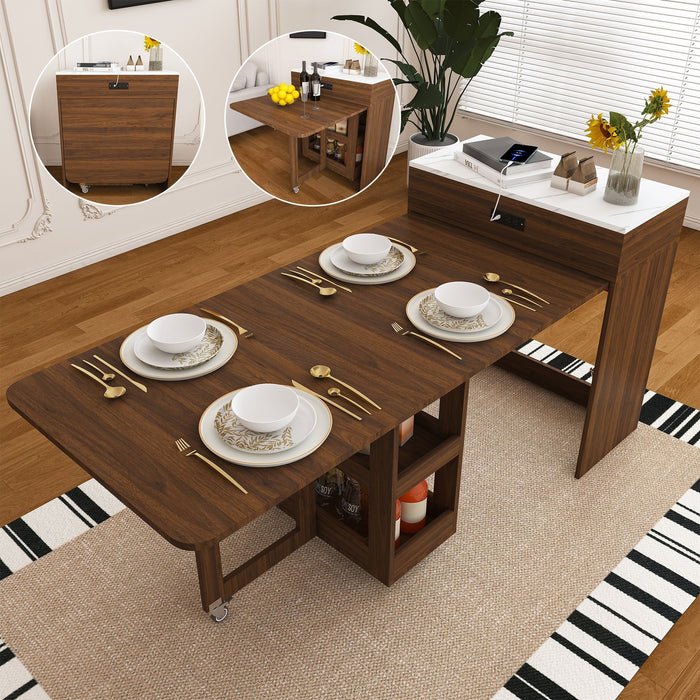 Extendable Dining Table With Power Socket, Lockable Casters, Storage Cabinet Home Essentials