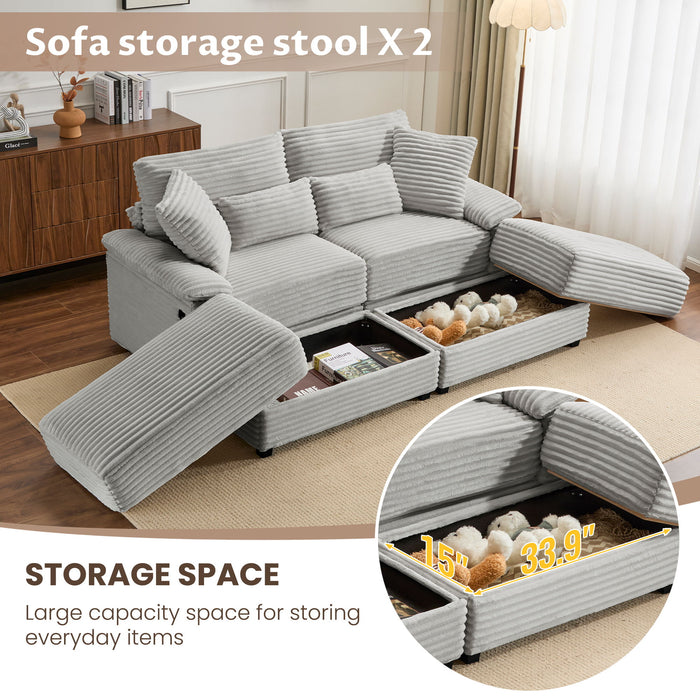 Double Chaise Lounge Set With Reversible Storage Ottomans, USB Port Home Essentials