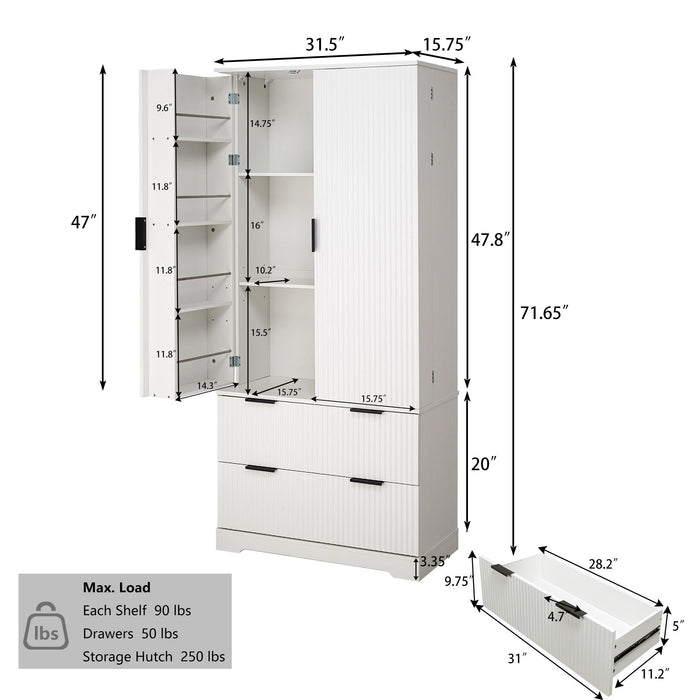 Fluted Kitchen Pantry Cabinet With 2 Large Drawers & 8 Door Spice Rack Home Essentials