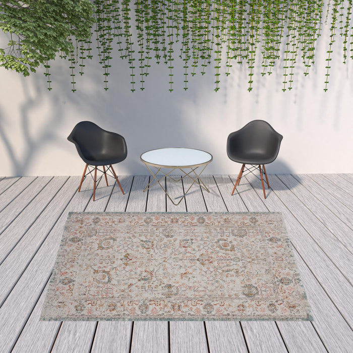 8' X 10' Floral Stain Resistant Outdoor / Indoor Area Rug - Beige