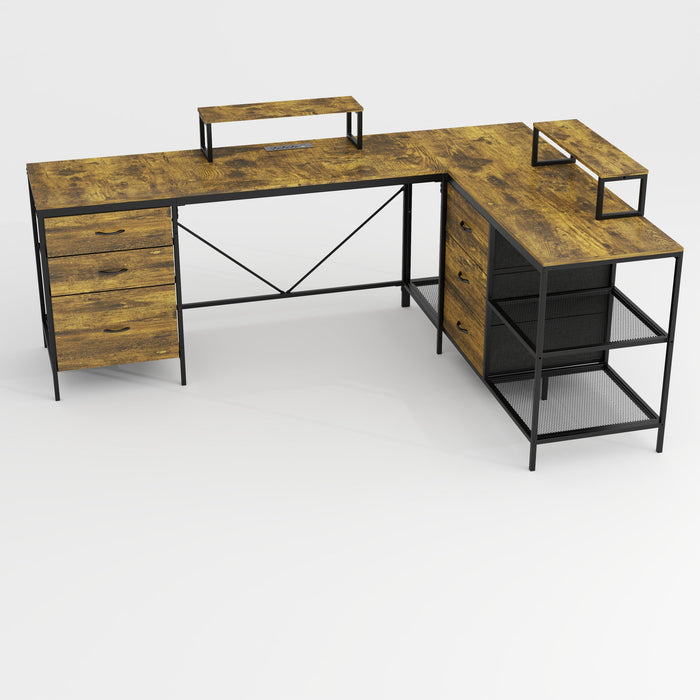 Industrial L Shaped Computer Desk With Power Outlets & USB-C, 6 Fabric Drawers, 3 Open Shelves, Movable Monitor Stands - Brown Home Essentials