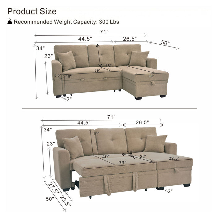 Sleeper Sectional Sofa With Pull Out Bed, Reversible Chaise, Hidden Storage Home Essentials