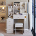 Cabinet Vanity Table & Cushioned Stool, USB Power Station, Hair Dryer Bracket - White Home Essentials