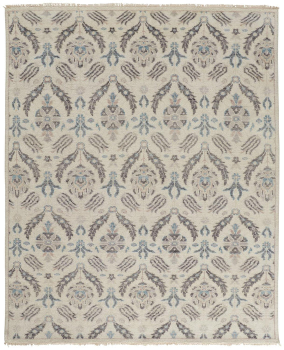 Floral Hand Knotted Stain Resistant Area Rug - Ivory Gray And Blue Wool - 4' X 6'