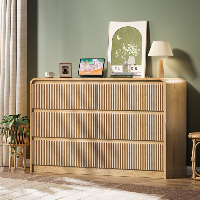 6 Drawer Dresser With Fluted Panel For Bedroom - Beige / Natural Hearth and Haven
