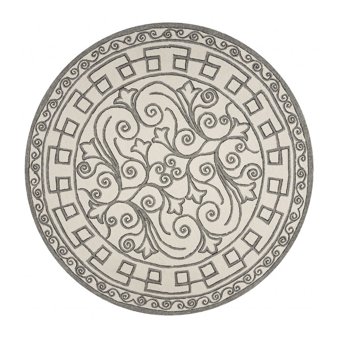 8' Hand Woven UV Treated Greek Key Medallion Round Indoor / Outdoor Area Rug - Gray Ivory