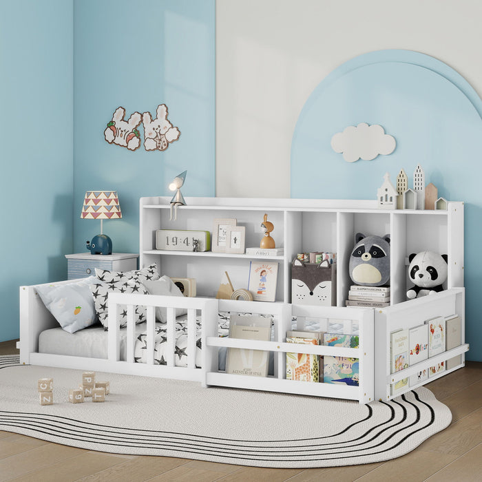 Platform Bed Frame With Guardrail, Storage Shelves & Bookshelf Home Essentials