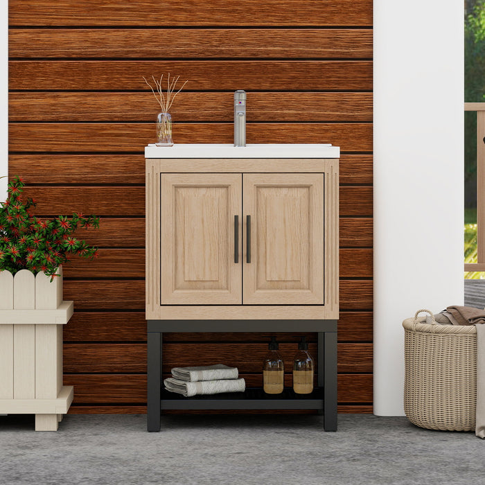 Modern Freestanding Bathroom Vanity With Ceramic Sink, Hot And Cold Faucet, Storage Cabinet & Open Shelf