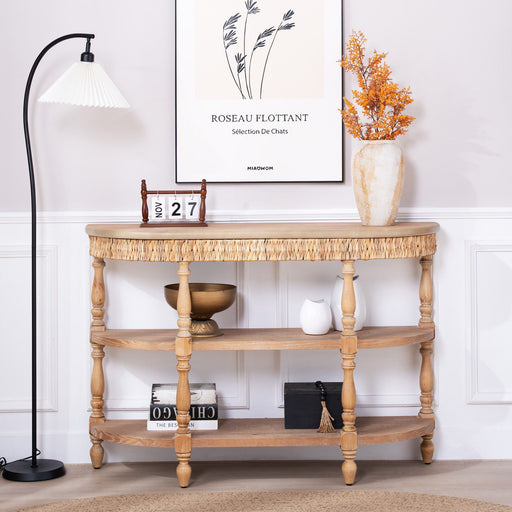 Handcrafted Console Table With Hand Woven Trim, 3 Tier Storage Shelves - Natural Home Essentials