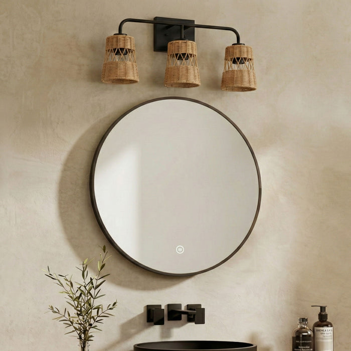 Moonlit - 3 Lights Wall Sconce With Shade, Bathroom Lighting Fixtures Over Mirror - Black / Rattan Ashcroft Furniture