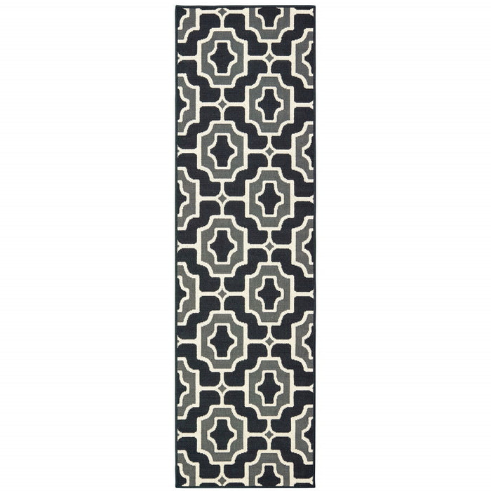 2' X 8' Geometric Stain Resistant Indoor / Outdoor Area Rug - Black / Gray