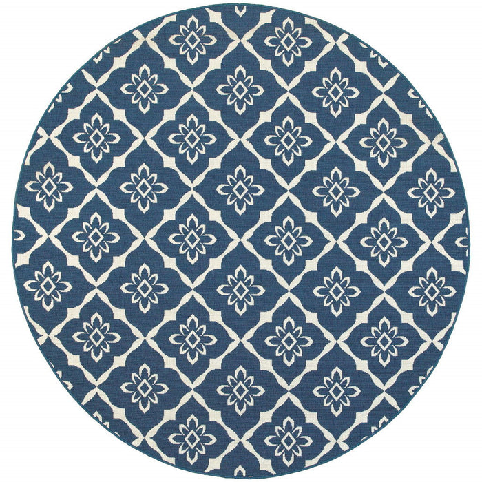 8' X 8' Round Floral Stain Resistant Indoor & Outdoor Area Rug - Blue / Ivory