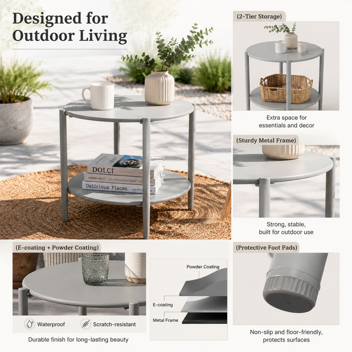 Round Outdoor Coffee Table With Shelf For Garden - Gray Home Essentials