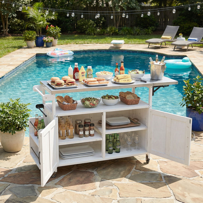 Foldable Outdoor Kitchen Island With Lockable Wheels, Storage Cabinet And Towel Rack For Patio Hearth and Haven