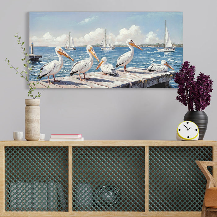 Beach Wall Art Large Ocean Seagull Canvas Pictures For Living Room - Ivory / Navy