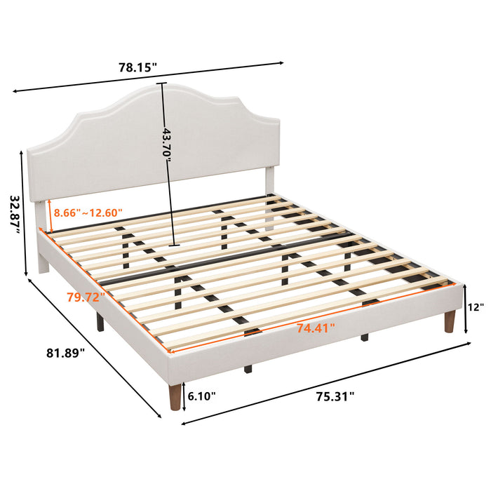 King Size, Upholstered Platform Bed Frame With Adjustable Headboard, No Box Spring Needed - White Home Essentials