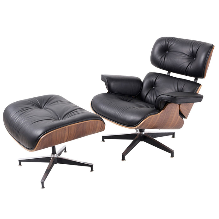 Tufted Leather Swivel Lounge Chair with Ottoman 35" - Black And Brown