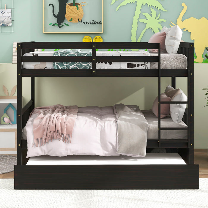 Bunk Bed With Trundle, Convertible To 2 Size Platform Bed, Bunk Bed With Ladder And Safety Rails For Kids