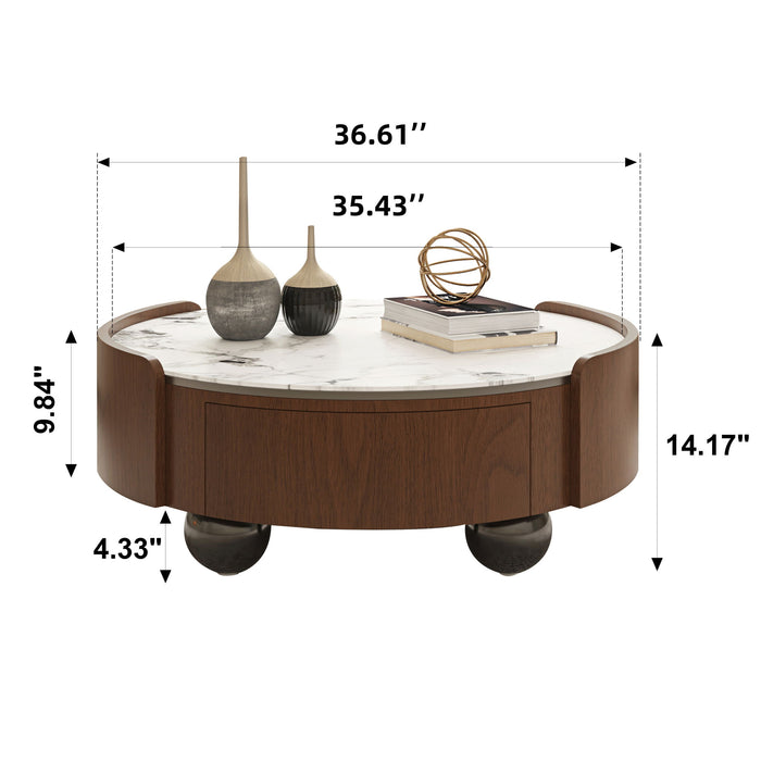 Round Coffee Table With Ball Feet, Dual Storage Drawers For Living Room - Walnut Brown Home Essentials