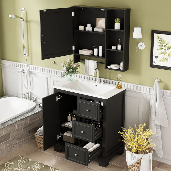 Bathroom Vanity With Sink, Modern Elegant Bathroom Storage Cabinet With 3 Drawers And Adjustable Shelves, Freestanding Vanity Set With Mirror Cabinet, Single Sink Bathroom Vanity Hearth and Haven