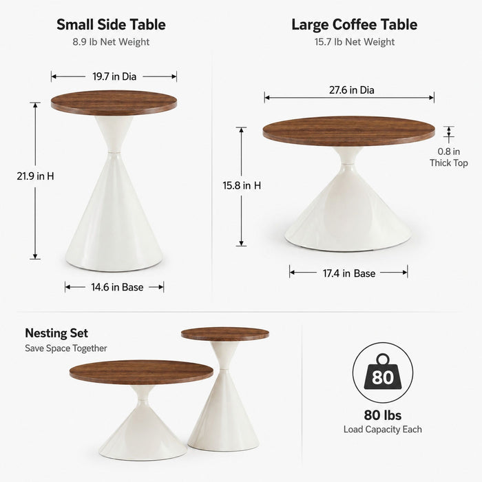 2 Piece Round Coffee Table Set - Walnut / White Home Essentials