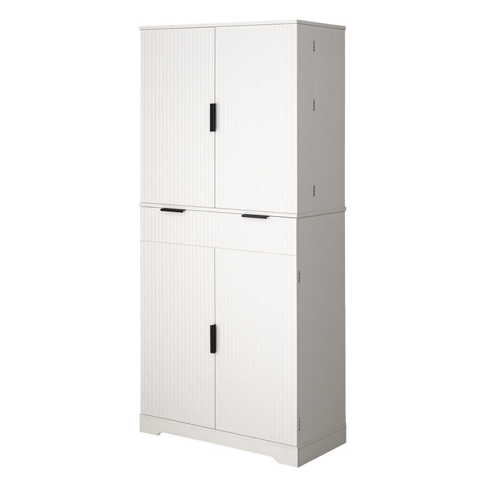 Fluted Kitchen Pantry Cabinet With 3 Keyboard Drawers & 6 Adjustable Door Shelves Home Essentials