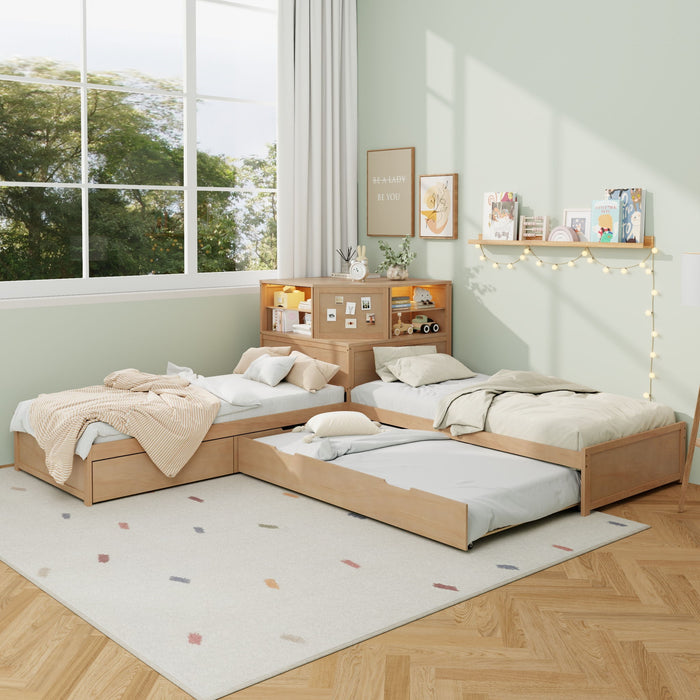 L-Shaped Bed Frame With Trundle, Built In Desk & LED Lighting Hearth and Haven