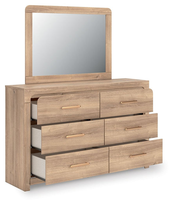 Kinlanni - 3 Pc. - Queen Upholstered Panel Bed With Roll Slats, Dresser And Mirror - Tan Signature Design by Ashley®