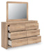 Kinlanni - 3 Pc. - Queen Upholstered Panel Bed With Roll Slats, Dresser And Mirror - Tan Signature Design by Ashley®