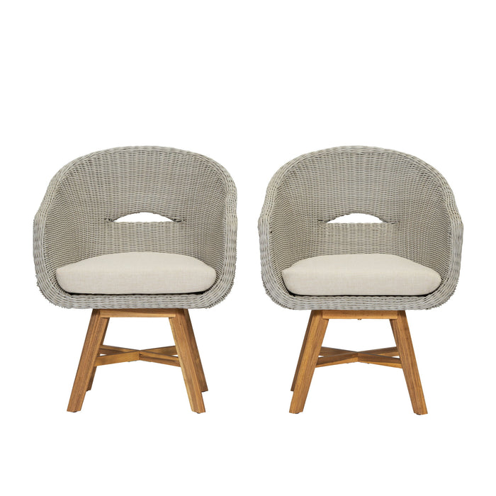Modern Coastal Rattan Dining Chairs, (Set of 2), Solid Wood Legs - Beige Noble House