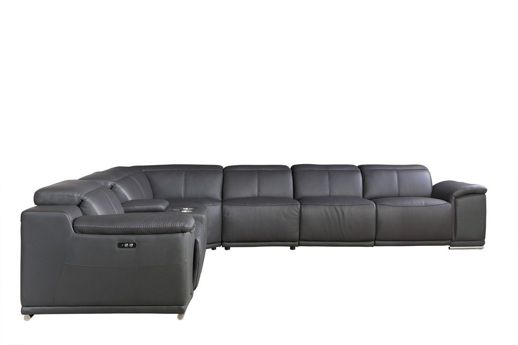 Italian Leather Power Reclining U Shaped Seven Piece Corner Sectional With Console - Gray