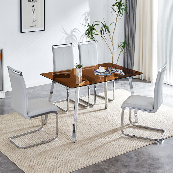 1 Table And 4 Chairs, Brown Tempered Glass Tabletop And Silver Metal Legs, Modern Minimalist Style Rectangular Glass Dining Table, Paired With 4 Modern Silver Metal Leg Chairs 1123 C - 1162 - Brown / Gray