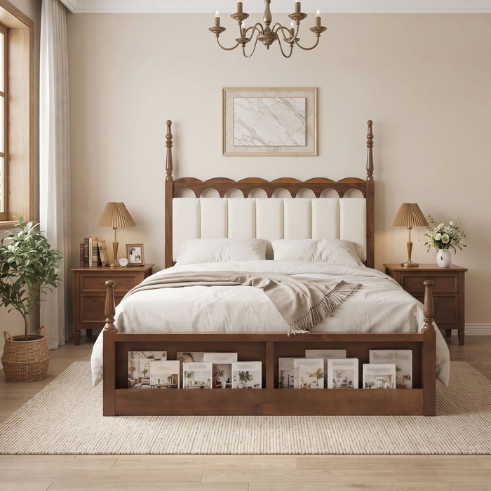 Platform Bed Frame With Tufted Upholstered Scallop Headboard Noble House