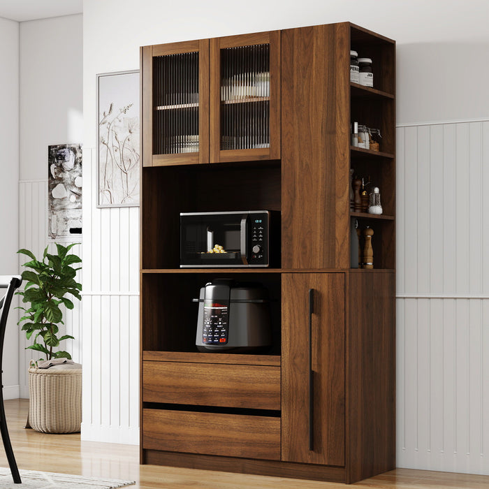 Tall Kitchen Pantry Cabinet With 4 Tier Side Shelf, 2 Drawers, Freestanding Food Hutch With Microwave Stand For Dining Room - Walnut Home Essentials