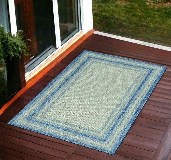 3' X 4' Machine Woven UV Treated Bordered Indoor / Outdoor Accent Rug - Gray Denim