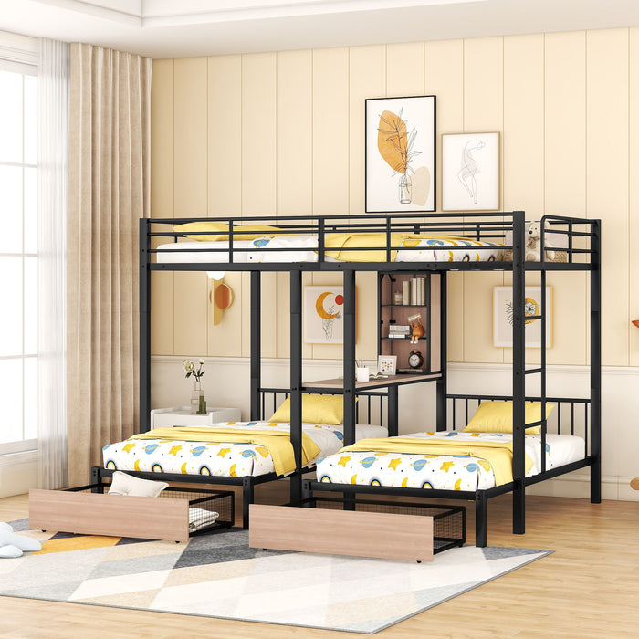 Triple Bunk Bed With Drawers, Multi-Functional Frame With Desks And Shelves In The Middle