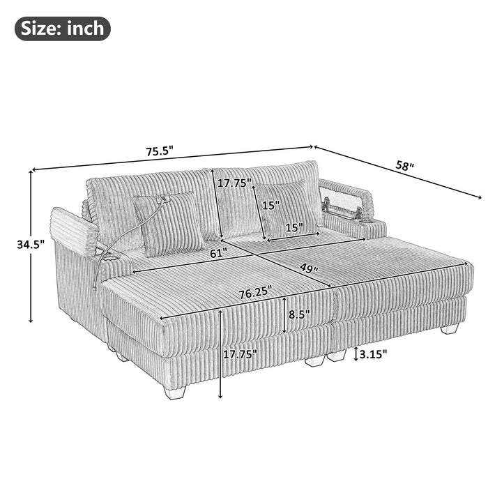 Chaise Sofa With Adjustable Backrest, Cup Holders, Phone Holder & Storage Compartments For Living Room - Light Gray Hearth and Haven