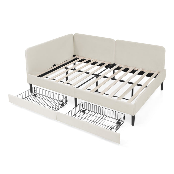 Upholstered Platform Bed Frame With 2 Storage Drawers And Adjustable Sofa Bed Home Essentials
