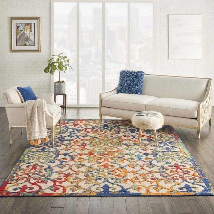 7' X 10' Floral Area Rug Indoor & Outdoor - Ivory / Blue