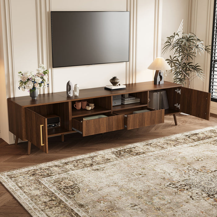 78" TV Stand For 85" TVs With Fluted Doors, Open Shelf, Cable Management - Walnut Hearth and Haven